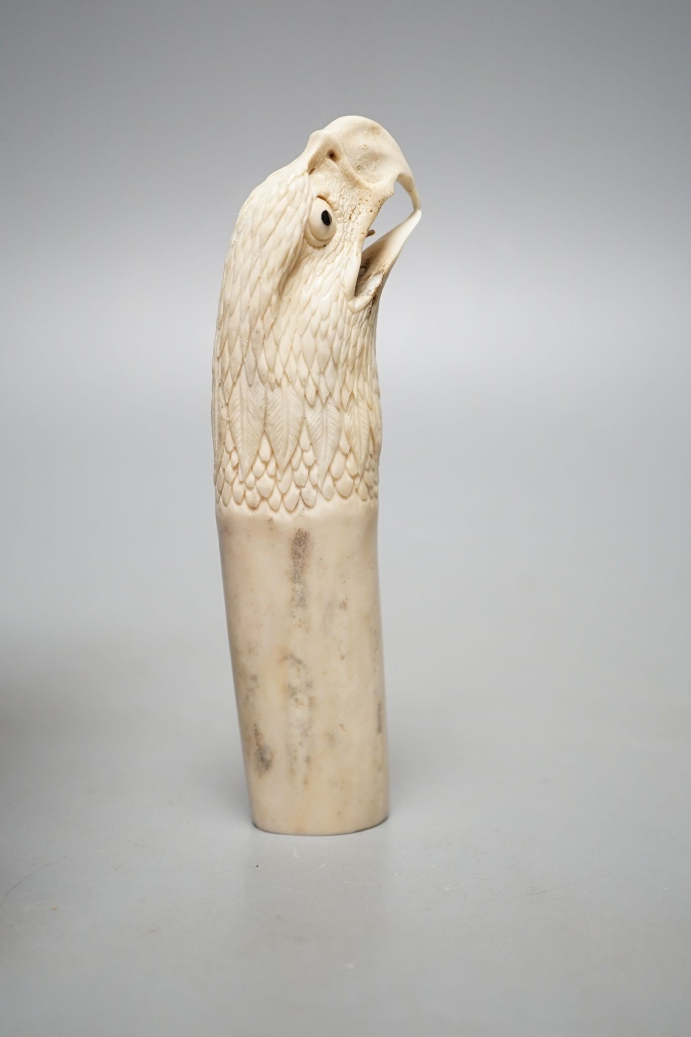Two Japanese stag horn handles - eagle's head and a memento mori, eagle-head 13.5 cms high.